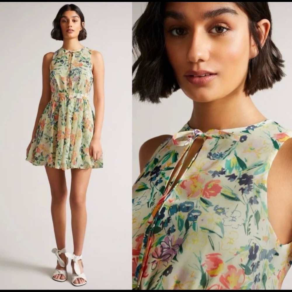 NWT TED BAKER Harriss Mini Dress Floral Sleeveless Tie Neck Cinched Waist Size 2